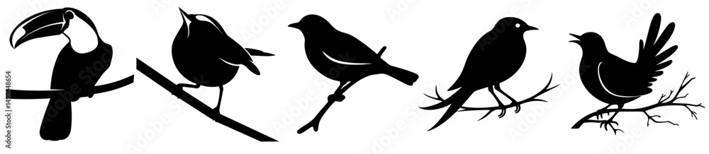 Silhouettes of Singing Birds on Branches – Vector Illustration of Small Songbirds in Black and White for Nature, Wildlife, and Decorative Art Themes
Silhouettes of Singing Birds on Branches – Vector Illustration of Small Songbirds in Black and White for Nature, Wildlife, and Decorative Art Themes