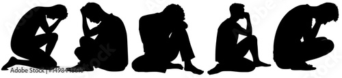 Silhouette of Sad Depressed People Sitting Alone in Grief and Anxiety | Mental Health, Depression, and Loneliness Concept

