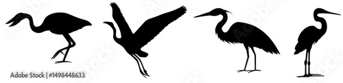 Silhouettes of Wading Birds in Various Poses – Heron, Crane, Egret Vector Set in Black and White for Wildlife, Nature, and Birdwatching Themes

