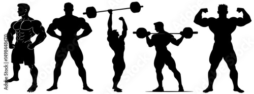 Bodybuilder Silhouette Vector Set – Muscular Men Posing, Lifting Weights, Flexing Muscles for Fitness Logos, Gym Posters, Workout Graphics, and Strength Training Illustrations

