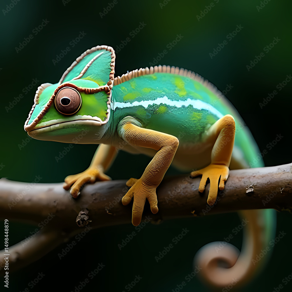 Fototapeta premium Close-Up of a Colorful Chameleon on Wood with Blurred Background