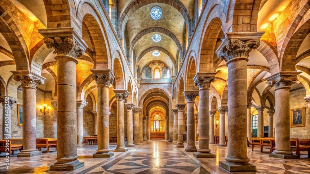 Obraz premium Historic stone columns and ornate arches adorn the church's interior with a blend of Byzantine and Romanesque styles , Byzantine style, architecture