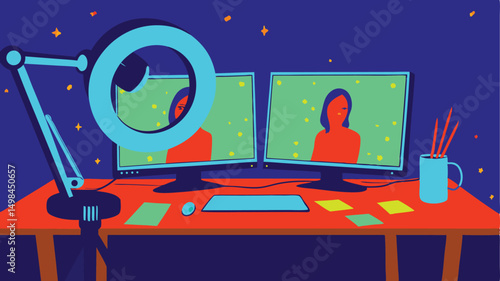  Illustration of a Modern Gaming and Streaming Setup – Stylish Room with Dual Monitors, RGB Lighting, and Gamer Gear for Digital Lifestyle Design