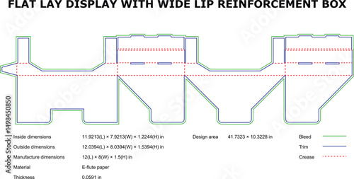 Flat lay display box design wide lip reinforcement die-cut template