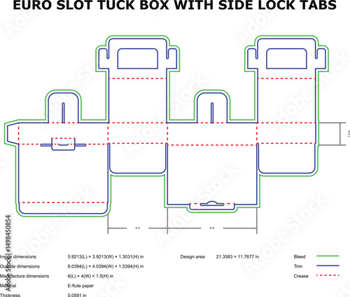 Euro slot tuck box packaging design template side lock tabs die-cut