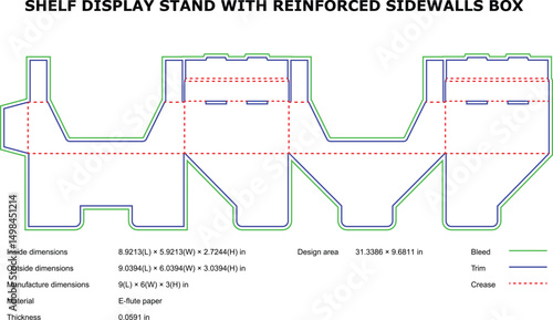Reinforced sidewalls box shelf display stand die-cut template