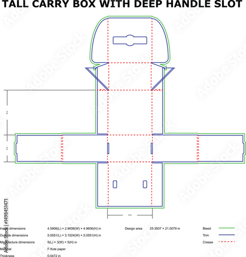 Tall carry box design template deep handle slot die-cut