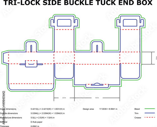 Tri lock side buckle tuck end box die cut template