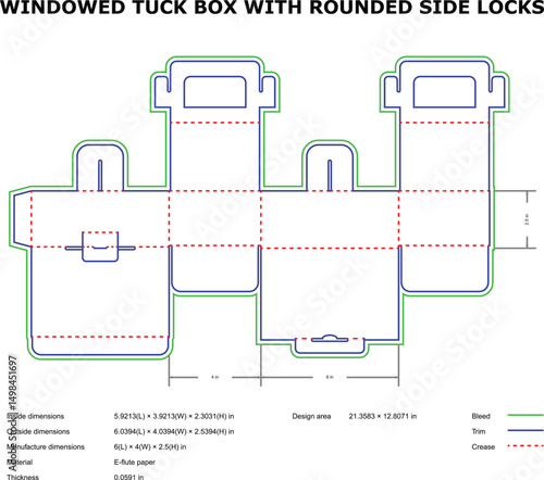 Windowed tuck box packaging design die cut template rounded side locks