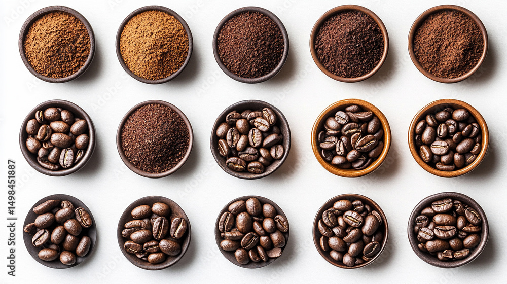 A creative collection of roasted coffee beans and ground coffee arranged in various patterns on a clean white background, showcasing piles, scattered formations, and textured mounds in an artistic, ar A creative collection of roasted coffee beans and ground coffee arranged in various patterns on a clean white background, showcasing piles, scattered formations, and textured mounds in an artistic, ar