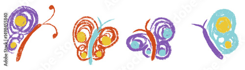 Butterfly chalk textured doodle set. Cute childish style butterflies, moths. Child drawings insect. Crayon freehand scribble kids colorful pastel fireflies. Isolated hand drawn vector illustration