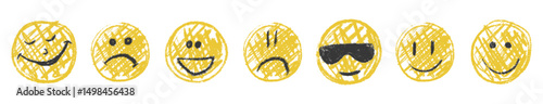 Doodle chalk smile emoji face icon set. Textured kids hand drawn sketch different emotion emoticons. Scribble mood, happy, sad, smiley face. Pencil crayon drawing comic isolated vector illustration