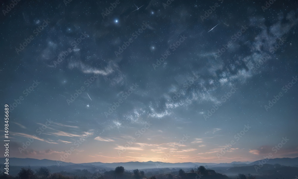 Naklejka premium Faded blue sky, wispy clouds, scattered stars on distressed paper , retro, cosmic, grunge