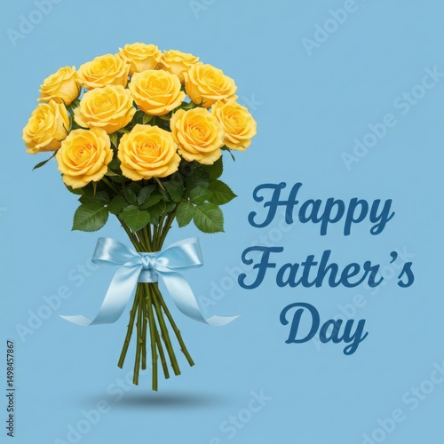 Happy father's day with yellow roses bouquet and blue ribbon on light blue background