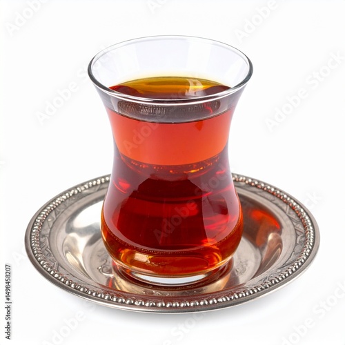 Glass of Turkish tea on tray isolated on white background with clipping path for cultural or hospitality concept