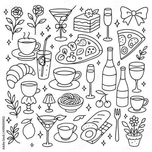 Set of hand drawn whimsical illustrations of food and drinks. Doodle drawings of italian and french 
food, cocktails, flowers