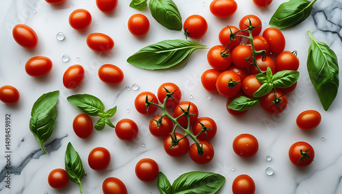 Fresh cherry tomatoes, whole and halved, scattered on white marble background with basil leaves and water droplets. Clean, fresh, and vibrant cooking concept.