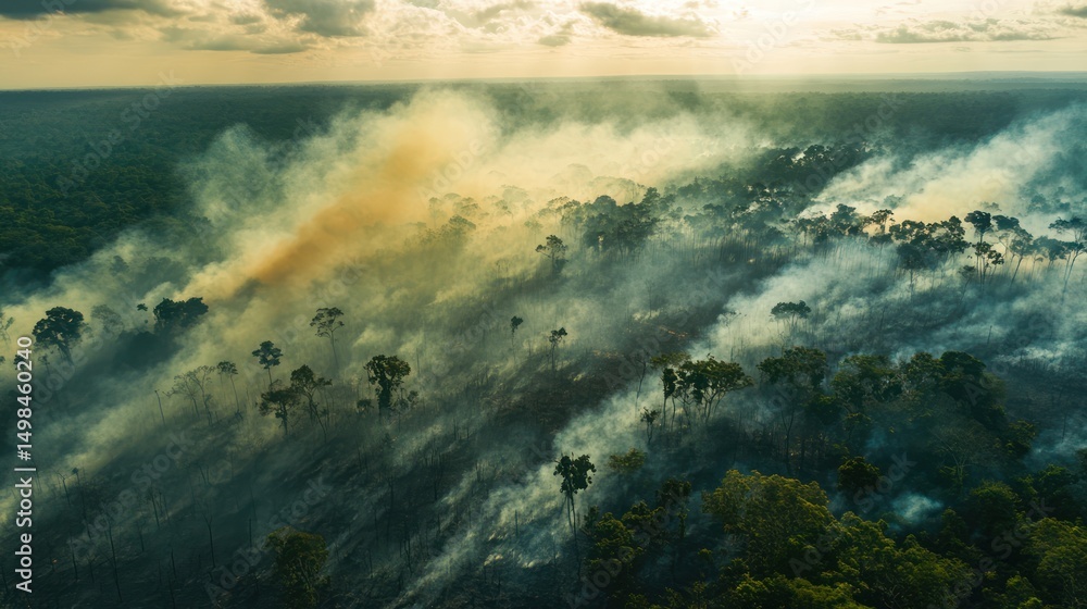 Obraz premium Aerial view of a vast rainforest consumed by wildfire smoke.
