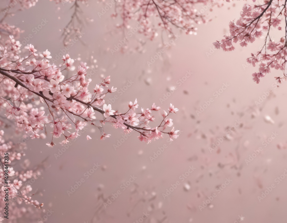 Fototapeta premium Floating sakura petals, blurred branches, pastel pink hues evoke tranquility , blossom, tree