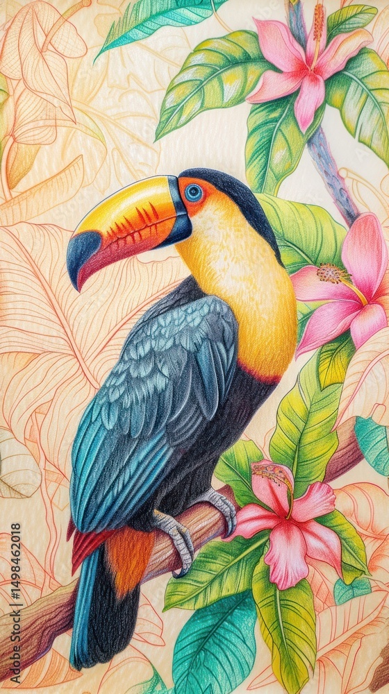 Fototapeta premium Realistic vintage drawing of tropical bird toucan animal sketch.