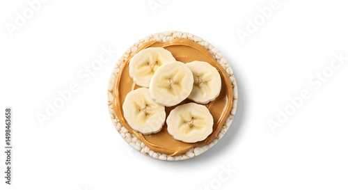 A rice cake topped with peanut butter and banana slices, a simple yet delicious snack.