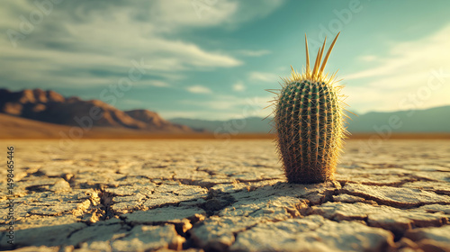 Lone cactus thrives in arid desert landscape, showcasing resilience amidst cracked earth and majestic mountains under a vibrant sunset.