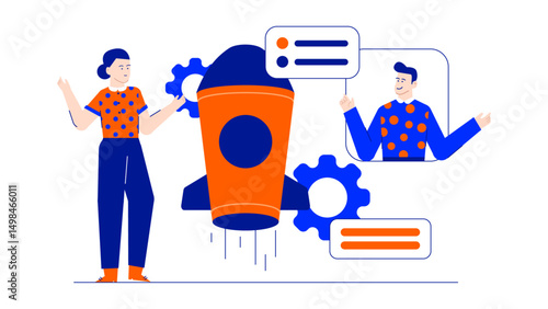 Two people collaborating on a rocket project. Suitable for business, teamwork, science, innovation, and project management concepts. Launching a rocket together in unity.