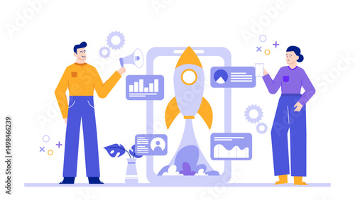 Man and woman launching a rocket with a smartphone. Perfect for technology, innovation, teamwork, space exploration concepts in design projects.