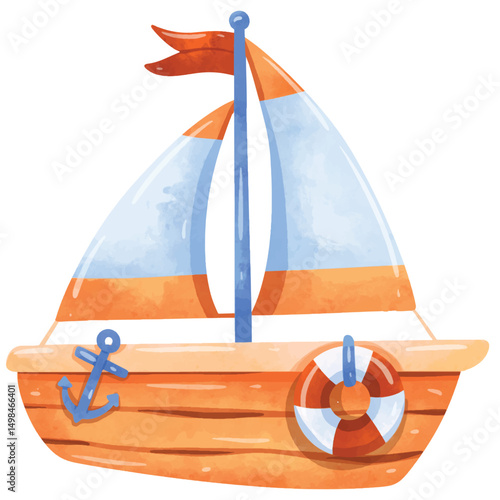 Cute sailboat vector illustration, sailboat clip art, clip art sailboat, watercolor painting style, isolated on white background