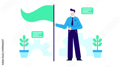 Man proudly displaying a green flag, suitable for environmental, activism, protest, and victory concept designs. Banner, man, victory, environmental, protest, flag, activist, green, concept, design.