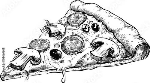 Slice of pizza with mushrooms and pepperoni in black and white sketch style. Vector illustration