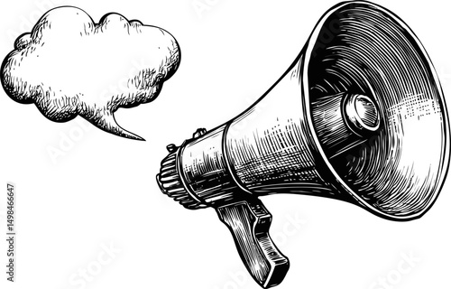 Vintage megaphone with speech bubble in black and white illustration. Vector illustration
