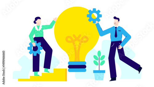 Teamwork in action man and woman collaborate in building a lightbulb