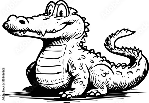 Cartoon crocodile with a friendly smile in black and white illustration. Vector illustration