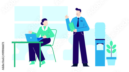 Two office workers_Chat near a water cooler; great for illustrating workplace dynamics, office communication, break time conversations in business environment.