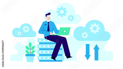 Man in a blue shirt sits on a server rack with a laptop. Suitable for technology, data management, servers, IT, and remote work concepts.