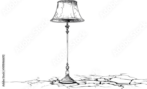 Vintage lamp standing on cracked ground in black and white line art illustration. Vector illustration
