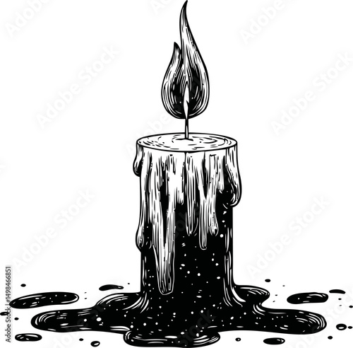 Black and white illustration of a melting candle with a dripping wax effect. Vector illustration
