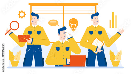 Three men in yellow shirts collaborating in an office setting. Suitable for business, teamwork, workplace, diversity, and office culture concepts.