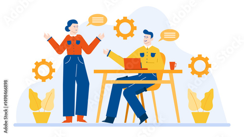 Two people collaborating at a desk, suitable for teamwork concepts, office settings, business partnerships, co-working spaces, and workplace diversity.