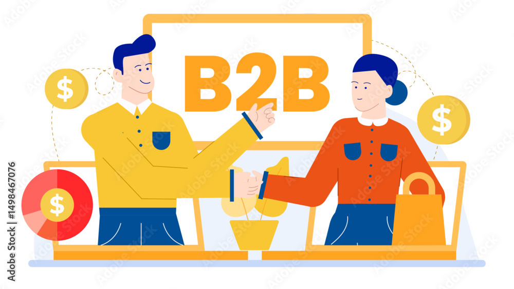 Two people shaking hands in front of a b2b sign. Suitable for business meetings, partnerships, agreements, teamwork, networking concepts.
