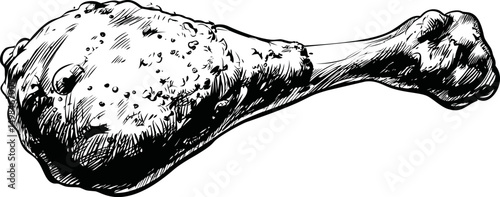 Detailed black and white sketch of a fried chicken drumstick, artistic illustration. Vector illustration