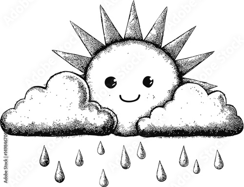 Happy sun and clouds with raindrops in black and white cartoon style. Vector illustration