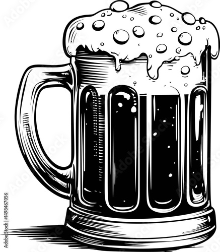 Black and white illustration of beer mug with frothy top, vintage engraving style. Vector illustration