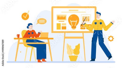 Two individuals meeting, brainstorming ideas, discussing business strategy. Suitable for presentations, websites, business blogs, strategy articles, and teamwork visuals.