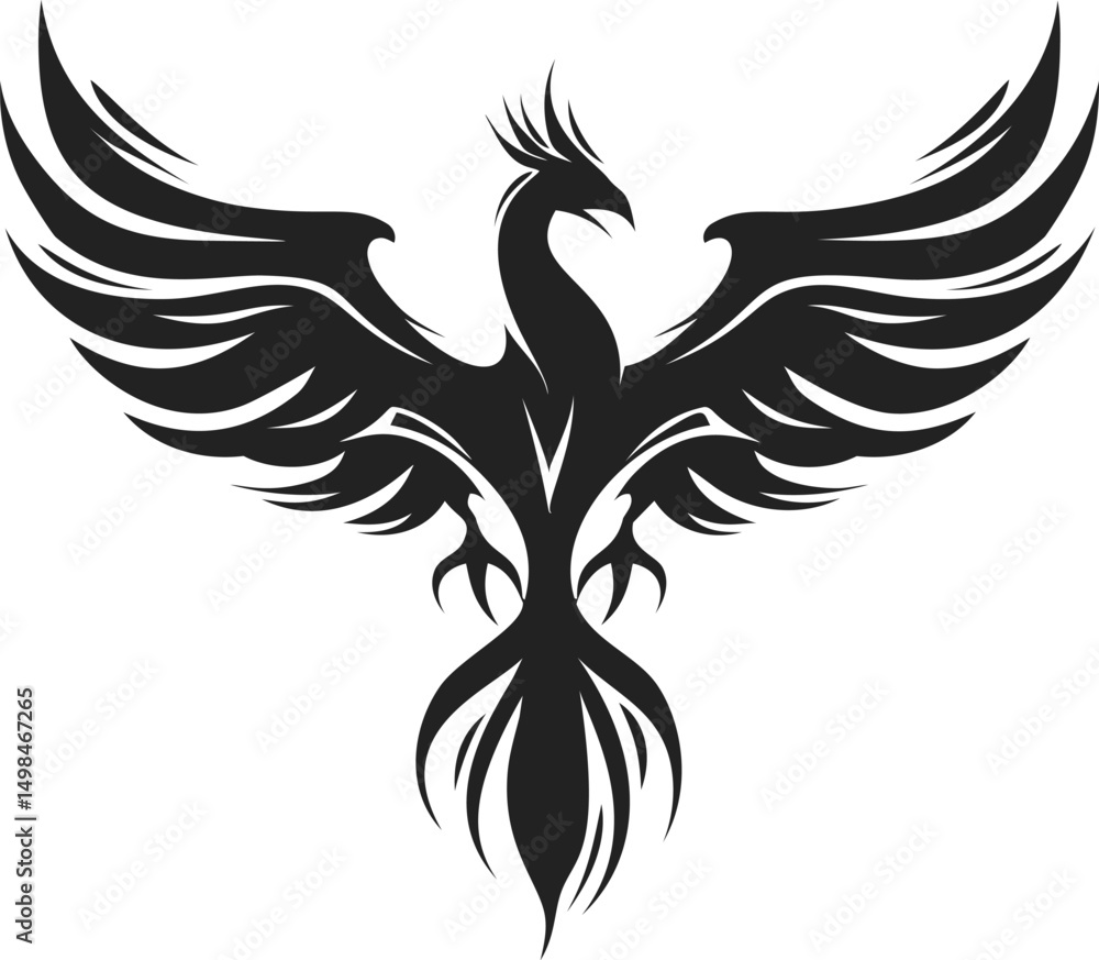 Obraz premium Black silhouetted phoenix with outstretched wings in artistic design. Vector illustration