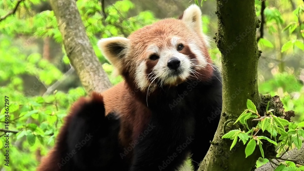 Naklejka premium A Red Panda is seen in its natural habitat, surrounded by lush green leaves and plants