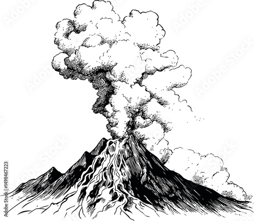 Line art of erupting volcano with detailed smoke and flowing lava. Vector illustration