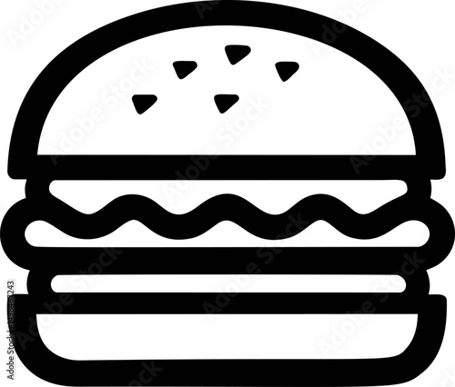 Simple black and white hamburger icon with sesame seed bun design. Vector illustration