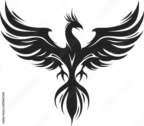 Black silhouetted phoenix with outstretched wings in artistic design. Vector illustration